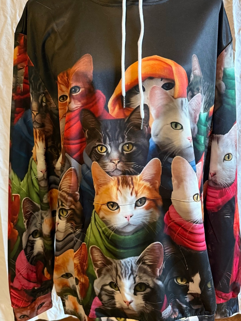 Black Cat-Print Pullover Hoodie with Colorful Cats